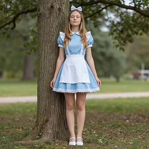 Photograph of a young blonde girl in a light blue, white-trimmed Alice in Wonderland dress, standing against a tree in a park. She