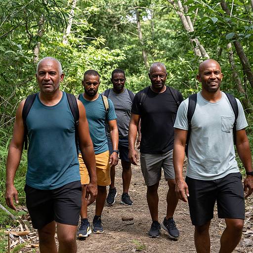 Photograph of five Black men walking on a forest trail; wearing athletic shirts and shorts, surrounded by lush greenery.