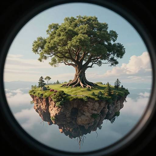 Photographic CGI of a floating island with a large, lush green tree, surrounded by clouds, seen through a circular lens.