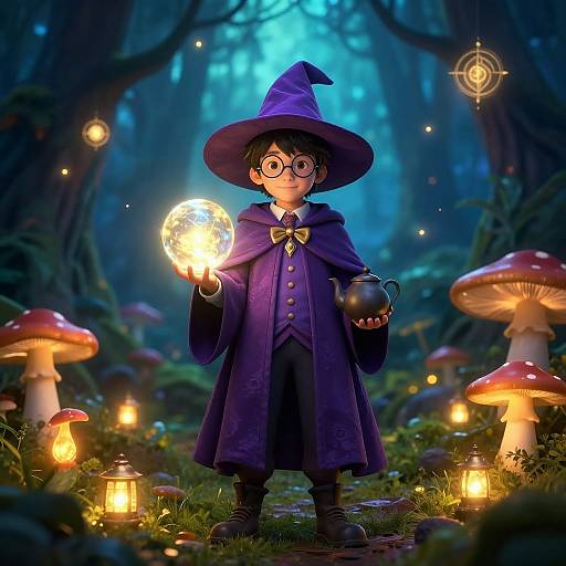 Digital illustration of a cute, bespectacled young wizard in a purple robe and hat, holding a glowing orb, amidst a magical forest with glowing
