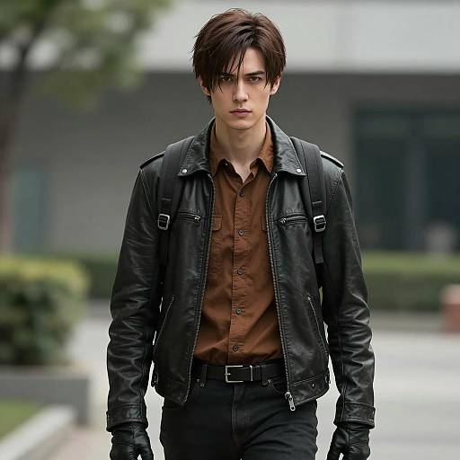 Young Man in Black Leather Jacket Outdoors