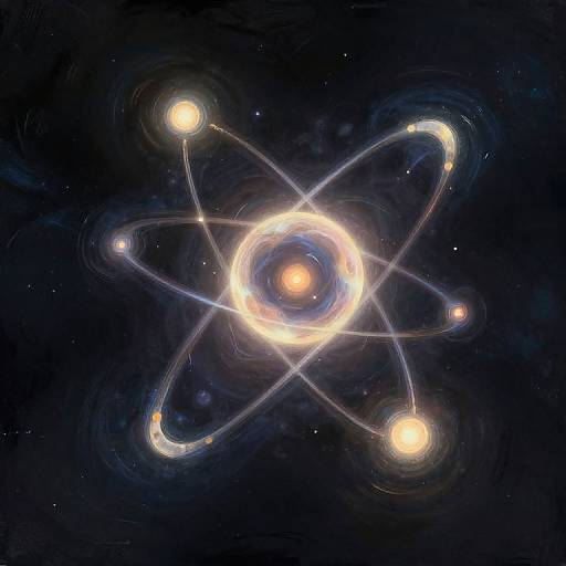 Digital illustration of an atomic model: glowing, bright orange nucleus with three orbiting, white-yellow electrons connected by blue energy lines against a dark, star