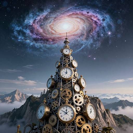 Clock tower topped with gears, adorned with numerous clocks, under a glowing, swirling galaxy; misty mountains in background. Fantasy digital art.