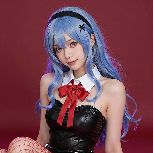 Digital anime-style portrait of a blue-haired girl with black hairband, black strapless leather top, red bow tie, white collar, fishnet stockings