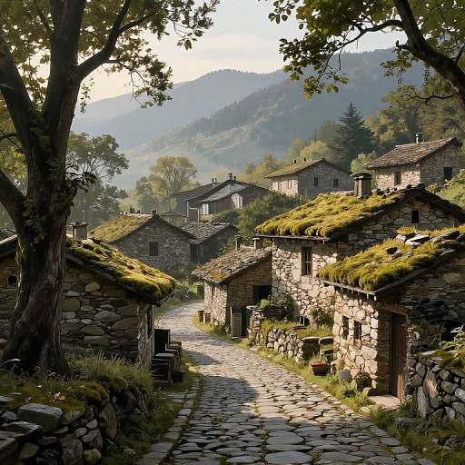 Photograph of a serene, sunlit village with stone cottages topped with moss, winding cobblestone path, and misty mountain backdrop.