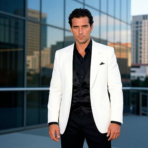 Photograph of a handsome man with dark, curly hair, wearing a sharp white blazer over a black shirt, standing in front of a modern glass