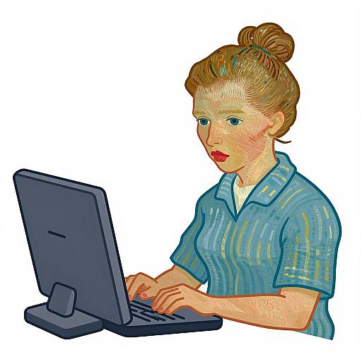 Digital illustration of a focused, red-lipped woman with brown hair in a bun, wearing a blue striped shirt, typing on a black laptop against a