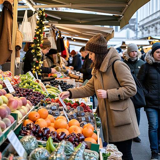 Photograph of a winter market: woman in brown coat and knit hat selects oranges at a colorful fruit stand, surrounded by shoppers.