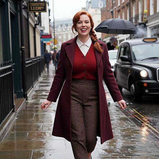 Cheerful Woman in Retro London Rain