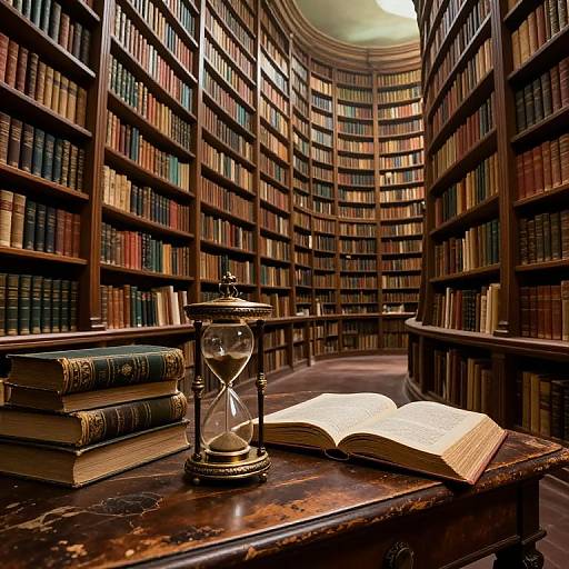 Photograph of a dimly-lit, curved library with wooden shelves filled with books. A wooden table holds an hourglass, stacked books, and