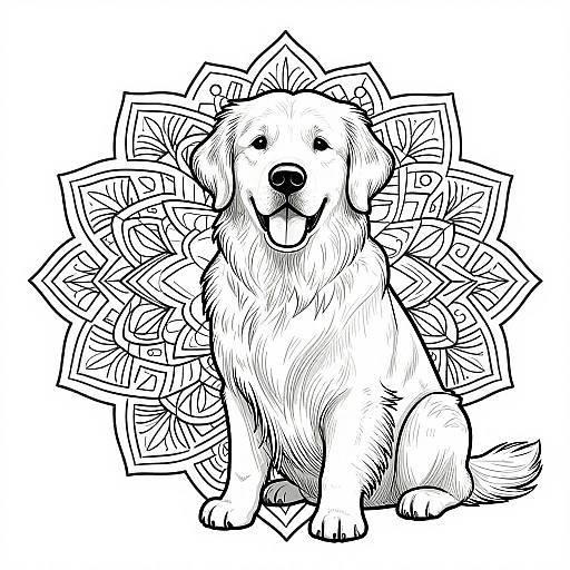 Black and white digital drawing of a happy Golden Retriever sitting, surrounded by intricate, geometric mandala patterns. The dog has a fluffy coat,