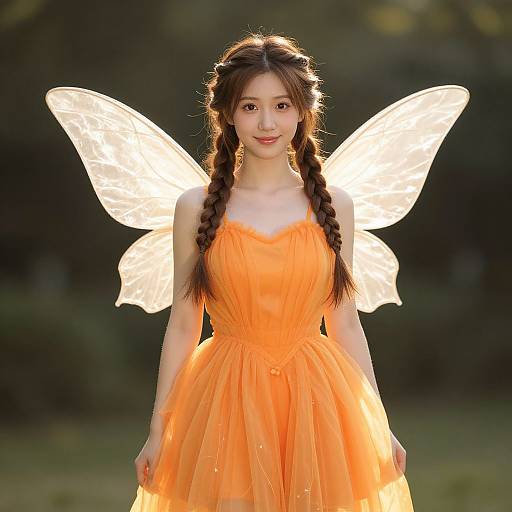 Photograph of an Asian woman with braided brown hair, wearing a glowing orange fairy dress and translucent wings, standing in a sunlit forest.