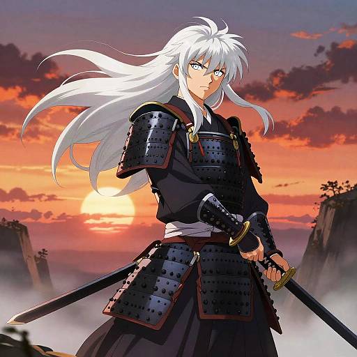 Digital anime-style artwork of a white-haired samurai in black armor, holding a sword, standing against a vibrant sunset sky.