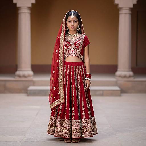 Photograph of a young Indian woman in a traditional red and gold embroidered lehenga and choli, with a matching veil, standing in an arched