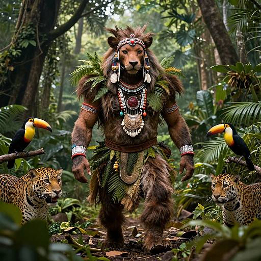Photograph-style digital art of a muscular, anthropomorphic lion warrior in tribal attire, adorned with feathers and beads, leading two jaguars through a lush