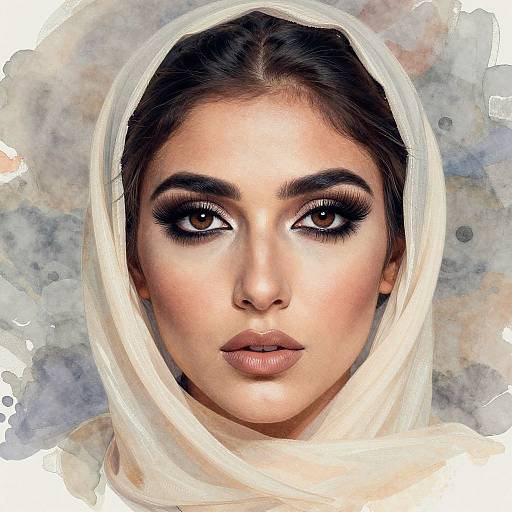 Digital portrait of a young woman with dark brown eyes, full lips, and dark eyebrows, wearing a translucent white headscarf against a watercolor-style