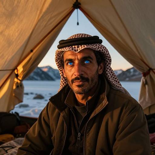 Photograph of a Middle Eastern man with blue eyes, wearing a patterned keffiyeh and dark jacket, inside a tent at sunset, with