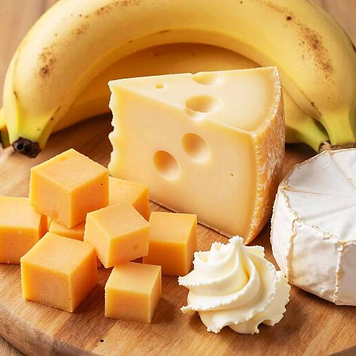 Assorted Cheese with Banana on Wooden Board