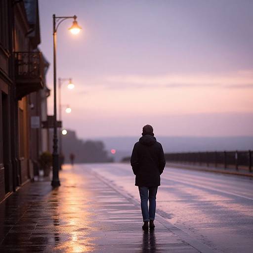 Photograph of a solitary figure in a dark coat walking on a wet, reflective street at twilight, illuminated by street lamps.