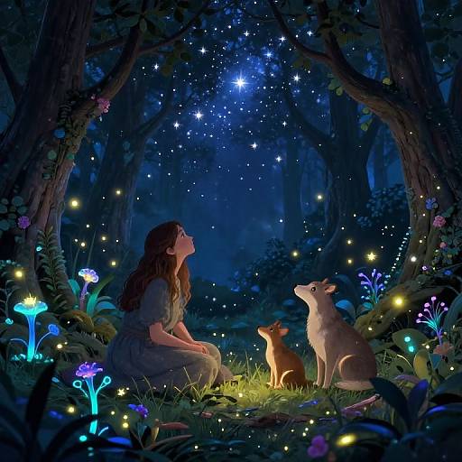 Magical forest night scene: a woman with long brown hair and a sitting brown rabbit gaze at a starry sky, surrounded by glowing fireflies and