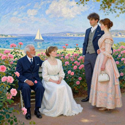 Impressionist-style painting of a elderly man in a suit, seated bride, and standing couple in formal attire, surrounded by pink roses, with a