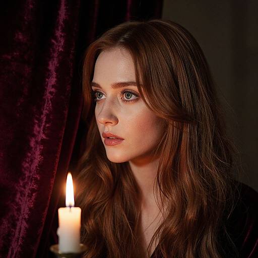 Photograph of a pale-skinned woman with long brown hair, blue eyes, and pink lips, gazing intently at a lit candle, set