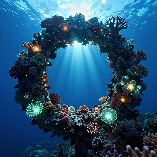 Photograph of a vibrant underwater coral wreath adorned with glowing sea anemones, surrounded by sunlight beams illuminating the deep blue ocean.