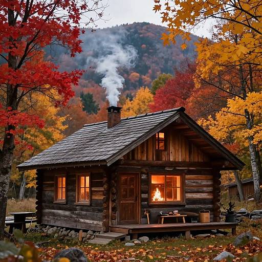 Photograph of a rustic wooden cabin with smoke rising from the chimney, surrounded by vibrant autumn foliage in red, orange, and yellow. Warm light gl