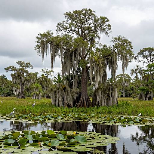Photograph of a serene swamp scene featuring a large cypress tree with hanging Spanish moss, surrounded by lily pads and a white egret in the foreground