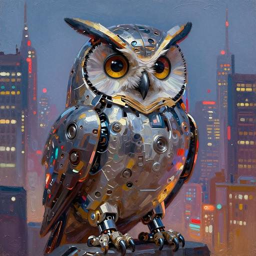 Digital painting of a metallic, robotic owl with glowing yellow eyes, sitting on a rooftop in a neon-lit cityscape at night.