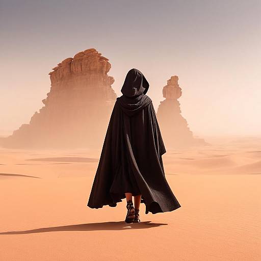 Digital artwork: Silhouetted figure in black hooded cloak and boots, standing in vast orange desert, facing towering, sunlit sandstone formations