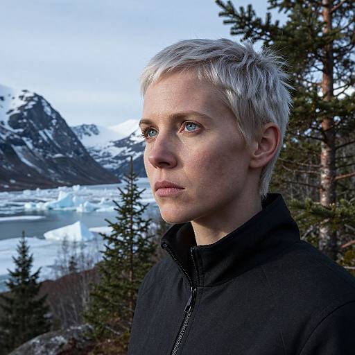 Photograph of a pale-skinned, short-haired, blue-eyed person with a serious expression, wearing a black jacket, standing in a snowy mountain landscape