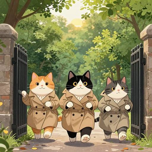 Three adorable cats in tan trench coats walk through a sunny, leafy park gate, digital anime-style illustration. Bright sunlight filters through trees.