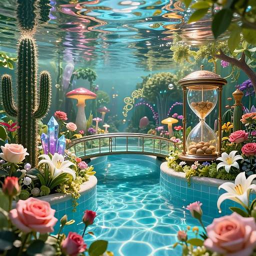 Vibrant digital artwork of a magical garden pond with glowing crystals, a sand timer, cactus, colorful flowers, and a turquoise water bridge.
