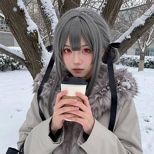 Digital anime-style photograph of a woman with gray hair, red eyes, and fur-trimmed coat, holding a coffee cup in a snowy, tree