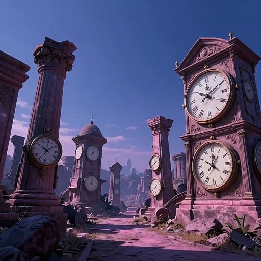 Digital artwork of a purple-hued, abandoned clock tower village with large, ornate clocks, overgrown plants, and a clear blue sky.