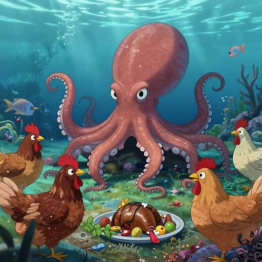 Animated Octopus and Chickens Underwater Feast