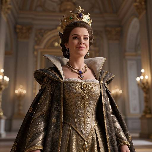 Photograph of a regal woman wearing an ornate gold crown, detailed gold and black gown, and jeweled necklace, standing in an opulent