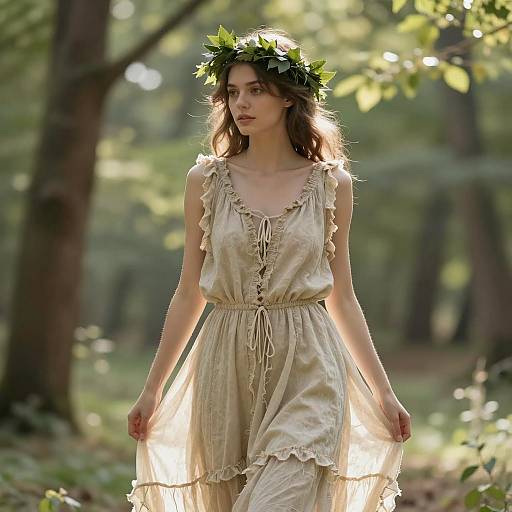 Young Woman in Bohemian Dress with Leafy Crown in Forest