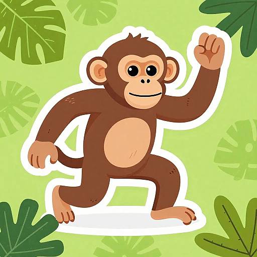 Cartoon-style monkey with brown fur, beige belly, smiling, waving with right hand, set against bright green background with large leaves.