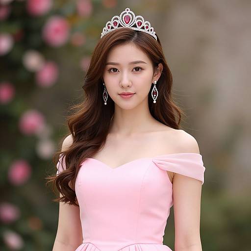 Photograph of an East Asian woman with long brown hair, wearing a pink off-shoulder dress, silver tiara, and matching earrings, standing