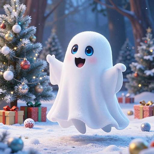 Cute, white, ghost-like figure with large blue eyes and open arms, standing joyfully in a snowy, Christmas tree-laden forest.