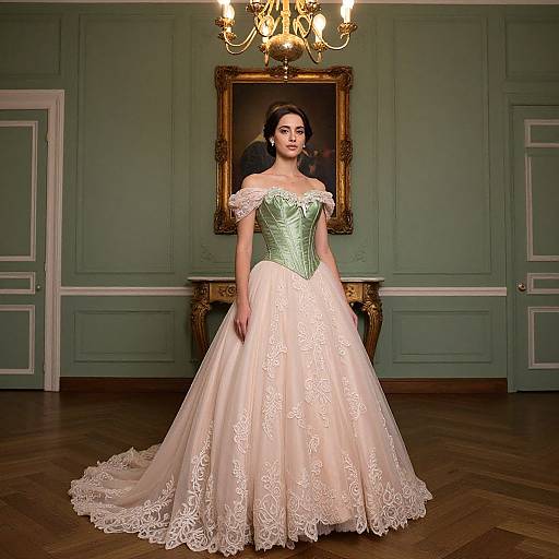 Photograph of a woman in an off-shoulder, green corset and white lace ball gown, standing in an elegant, green-paneled room