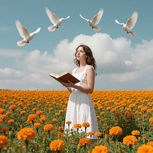 Photograph of a fair-skinned woman in a white dress, reading a book, surrounded by flying white doves, in a vibrant orange marig