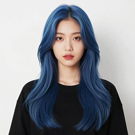 Young Woman with Long Wavy Blue Hair