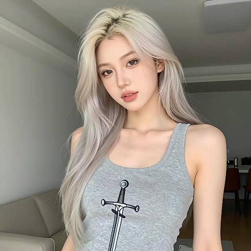 Young Woman with Platinum Blonde Hair in Grey Tank Top