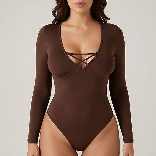 Photograph of a woman with medium skin tone, black wavy hair, wearing a brown long-sleeve V-neck bodysuit with criss