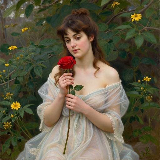 Digital painting of a fair-skinned woman with brown hair, holding a red rose, wearing a white, sheer, off-shoulder dress, surrounded