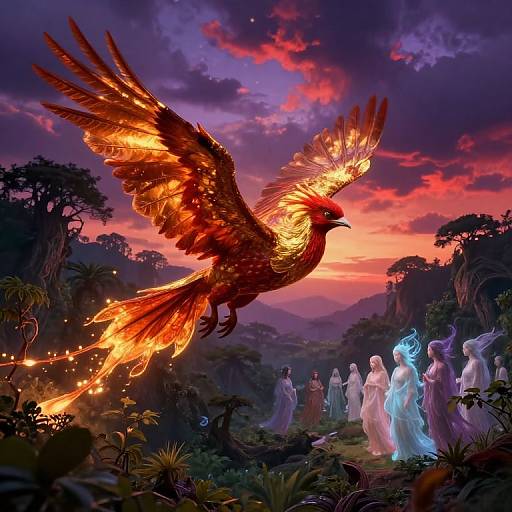 Digital fantasy artwork: a glowing, fiery phoenix with outstretched wings flies over a mystical forest at sunset, surrounded by ethereal, glowing white and