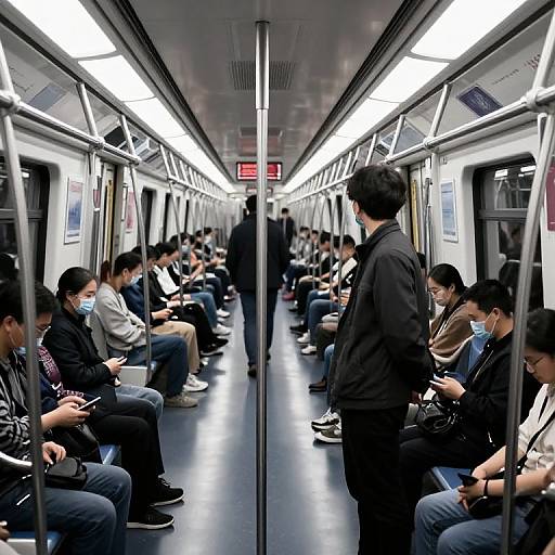 Photograph of a dimly lit subway car with East Asian passengers wearing masks, seated and standing, illuminated by overhead lights.